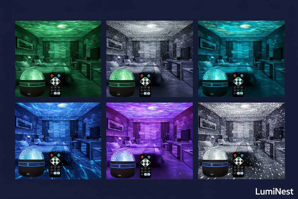 LED star projector casting galaxy and northern lights on bedroom ceiling