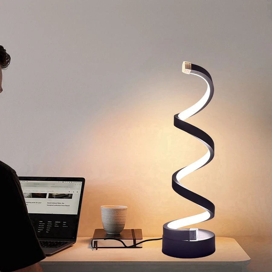 Spiral LED bedside lamp with touch dimmer
